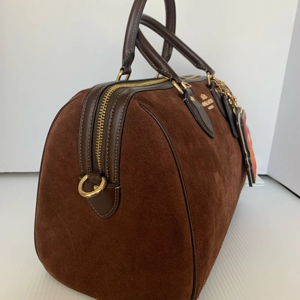 Coach Large Rowan Suede Satchel Set-Long Zip Wallet,LOVE Charm,Dust Bag,Insert
